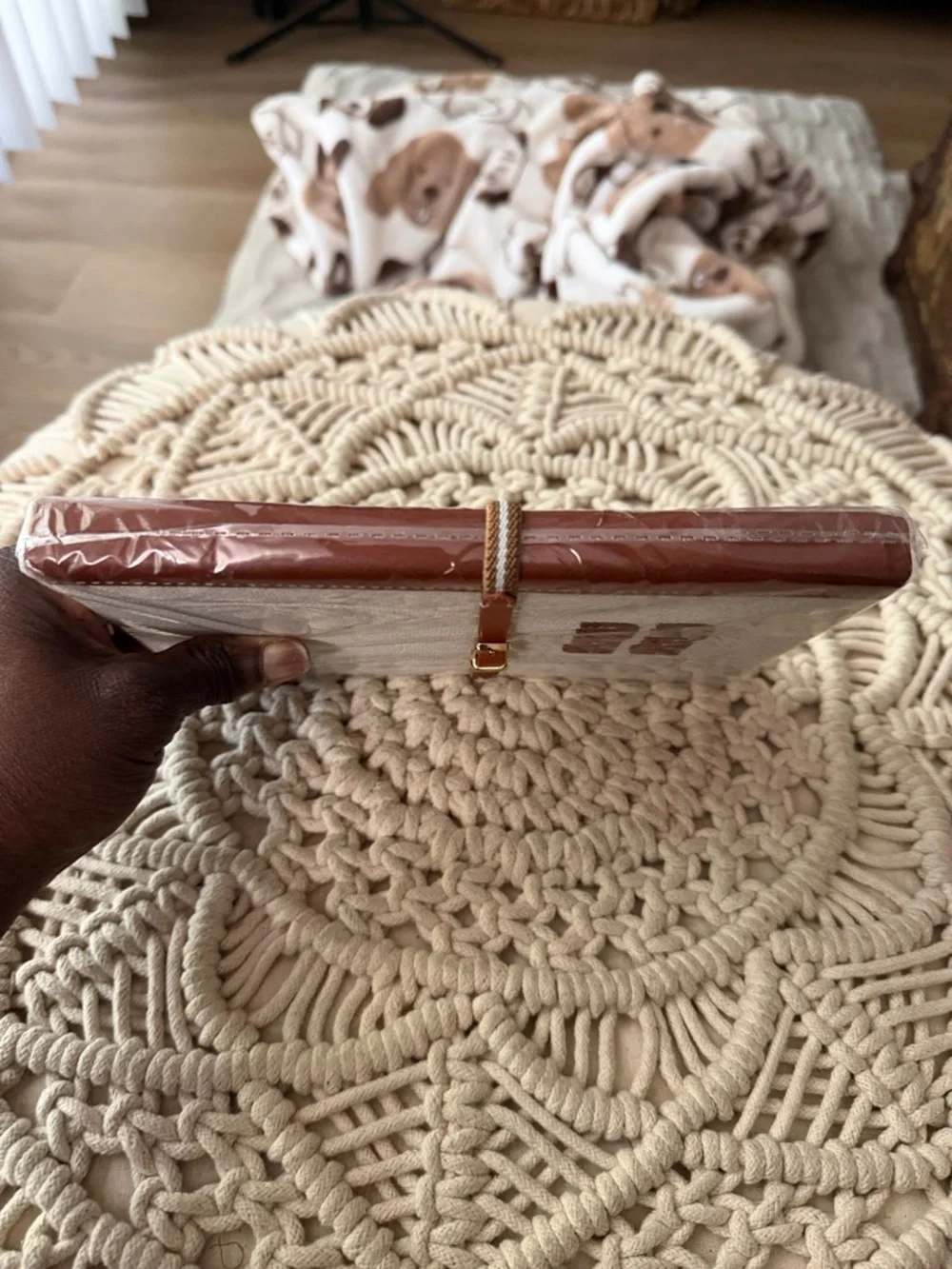NEW Miu Miu Beige Textured Notebook Cover with Brown Trim, Wrapped